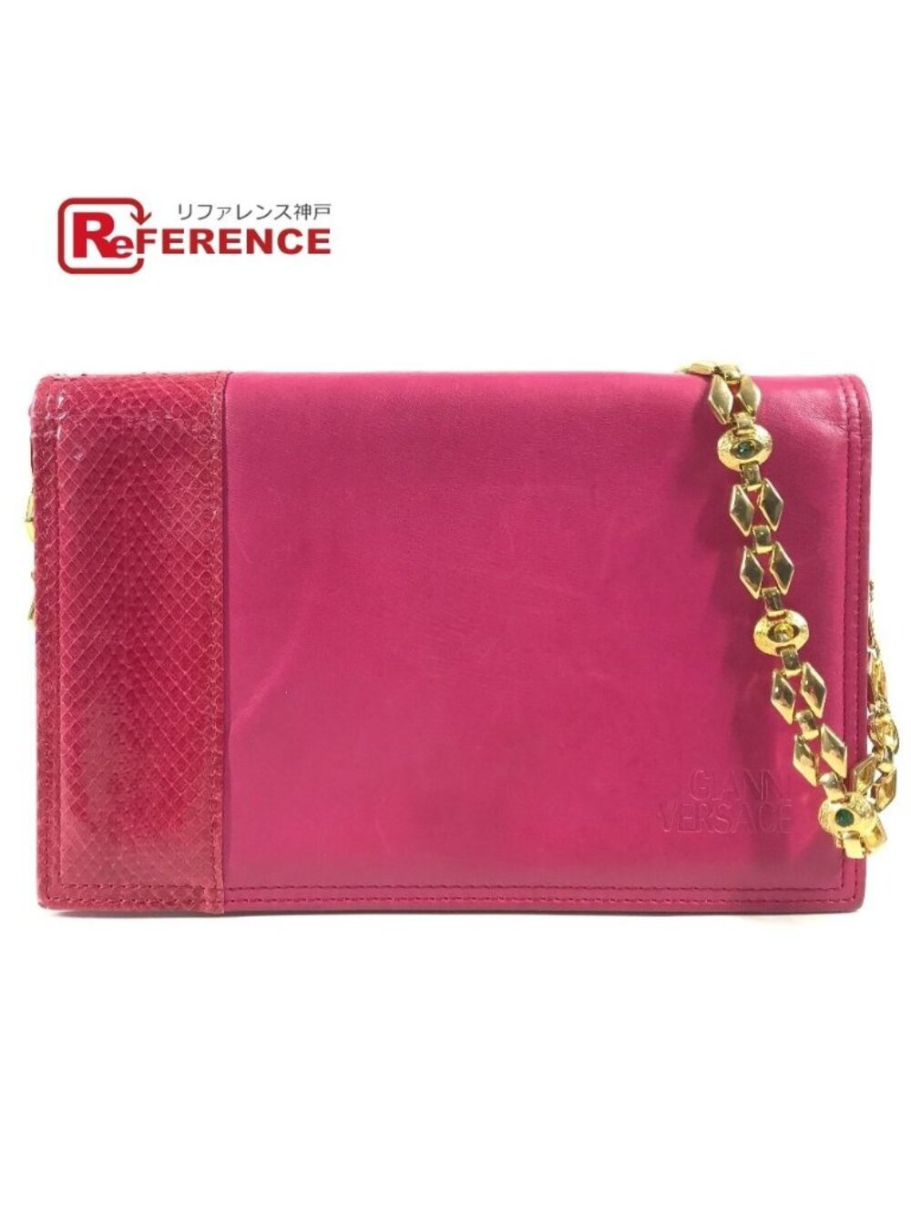 Versace Shoulder Bag Logo Flap Chain Rhinestone Bijou Leather Pink